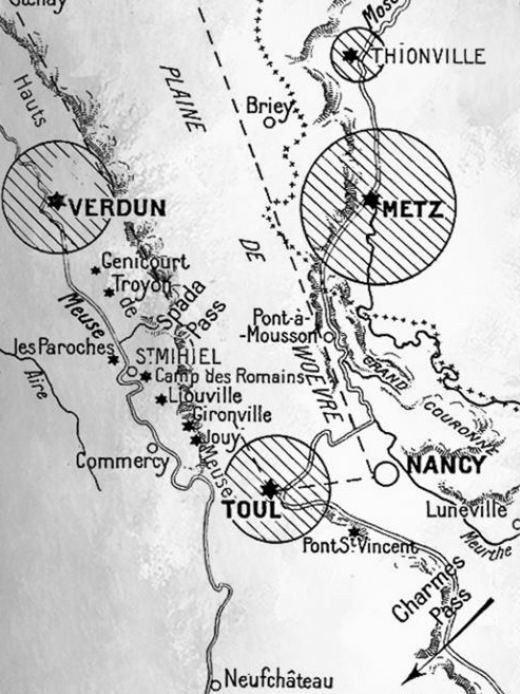 Verlauf der Barrière de Fer zwischen Verdun und Belfort