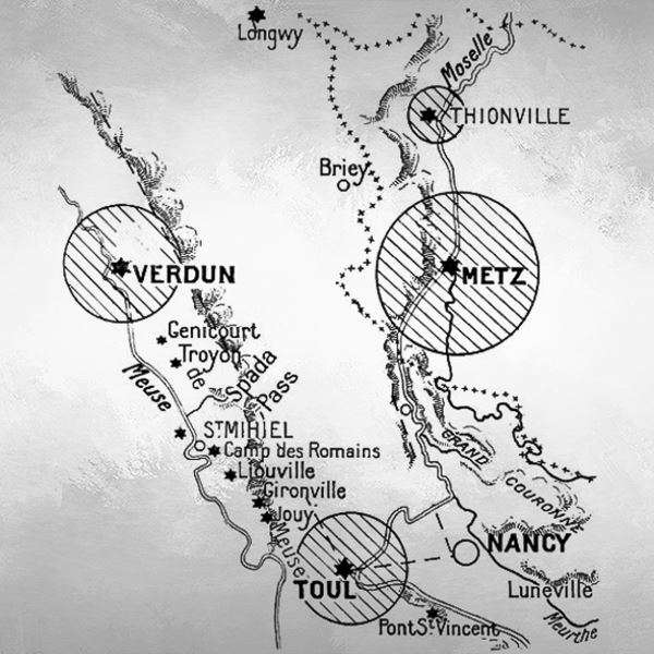 Historische Karte - sie zeigt die Festungsstädte Metz sowie Thionville auf deutscher und Verdun bzw. Toul auf französischer Seite. Beide fühlten sich vom jeweils anderen bedroht.