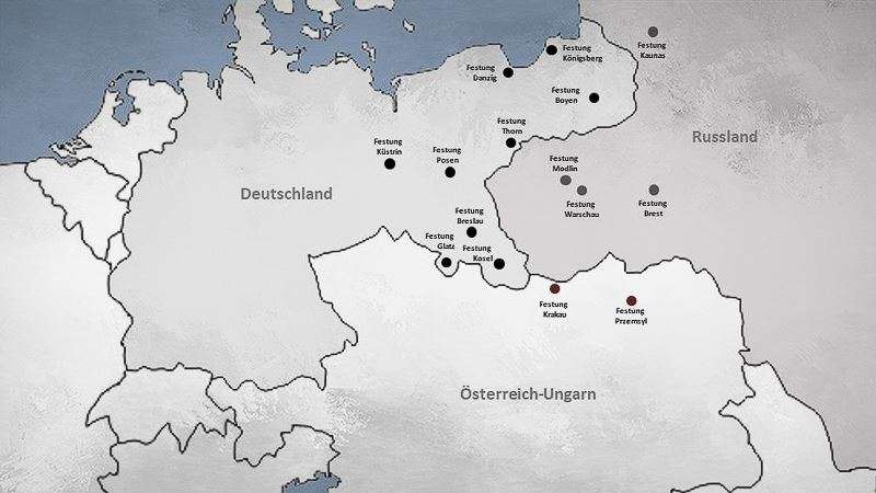 Karte: Festungen in Ost-Europa - anno 1900 | Deutschland - Österreich-Ungarn - Russland