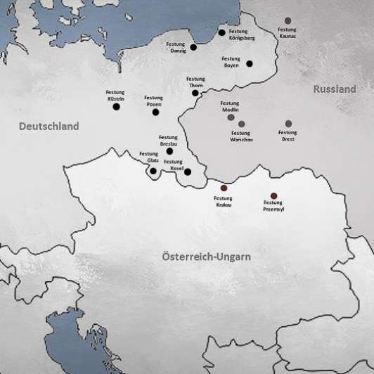 Karte: Festungen in Ost-Europa - anno 1900 | Deutschland - Österreich-Ungarn - Russland