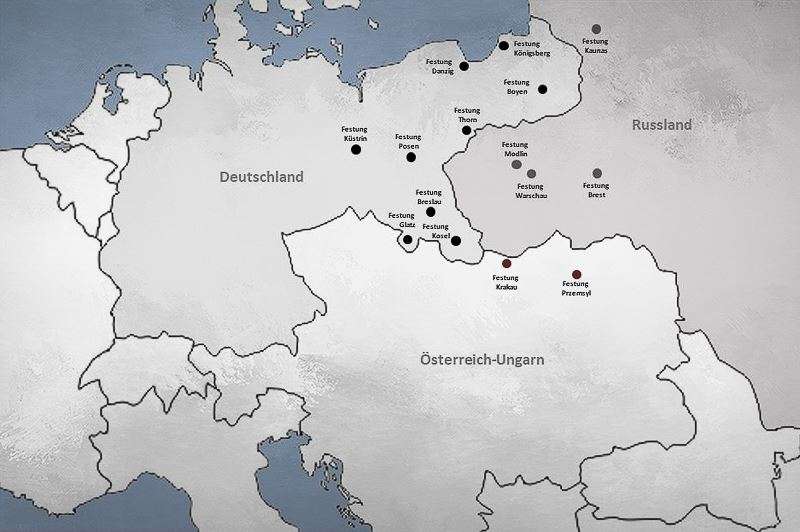 Karte: Festungen in Ost-Europa - anno 1900 | Deutschland - Österreich-Ungarn - Russland